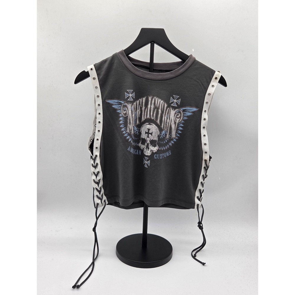 Affliction Live Fast Women's XL Skull Wing Lace-Up Graphic Tank Top [FLAWED]